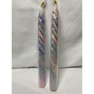 Vtg 80s 2) Spiral Taper Candles 10" Pastel Pink Purple Blue Green Swirl Gold NEW